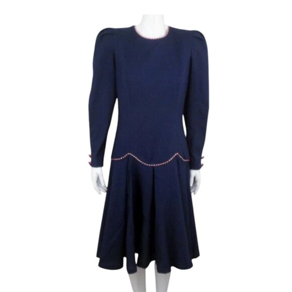 Vintage Go Vicki! Navy Blue Drop Waist Fit Flare Dress - Picture 1 of 7